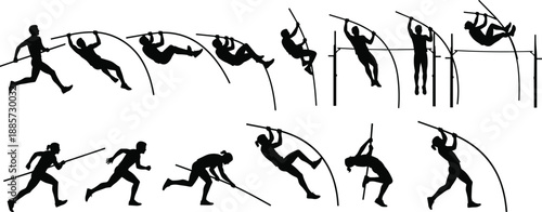 Pole vault silhouette set, athletes jumping over crossbar, track and field sports sequence, male and female vaulter action poses, isolated on white background.