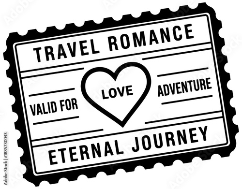 Minimalist line art illustration of a romantic travel postage stamp featuring love adventure and eternal journey concepts, perfect for Valentine's Day, weddings, and honeymoon themes.