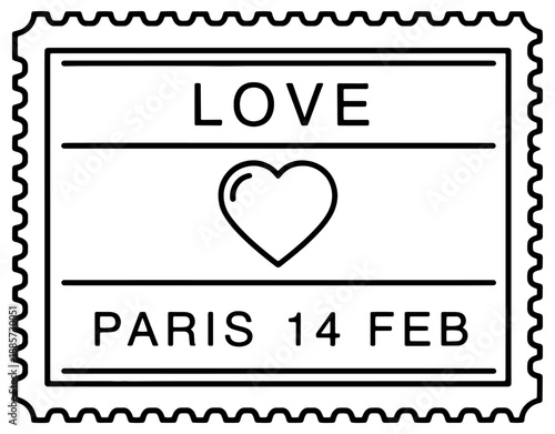 Minimalist line art illustration of a vintage postage stamp featuring Paris, a heart symbol, and February 14th date, perfect for Valentine's Day, travel, and romantic mail concepts.