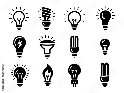 Set of different light bulb icons in black and white