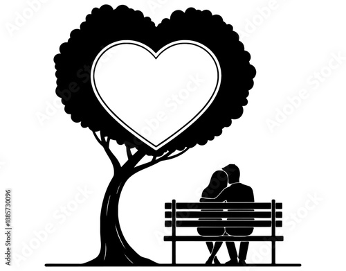 Romantic Heart Shaped Tree with Couple Sitting on Bench Silhouette. Minimalist Vector Illustration of Love, Togetherness, and Nature for Valentine Day and Wedding Concept Design.