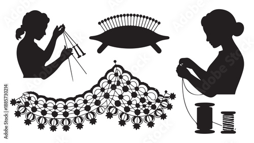 Woman Weaving Fabric with Needle and Thread, Silhouette of Woman Knitting, Isolated on White