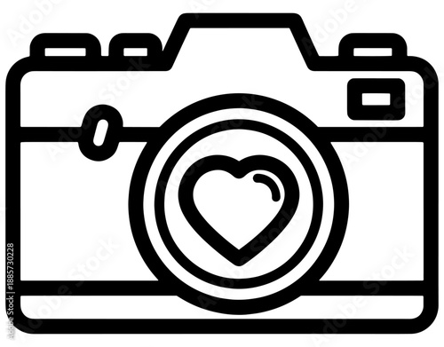 Minimalist line art illustration of a retro camera with a heart symbol on the lens, vector icon for photography love, capturing romantic moments, and Valentine's Day memories.