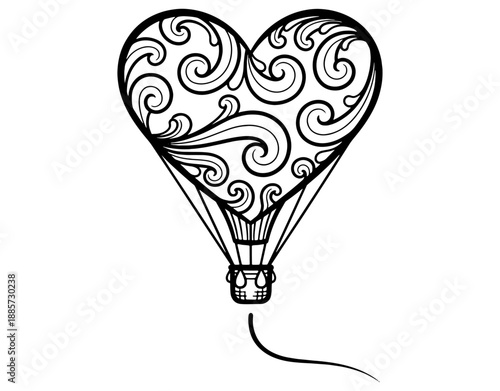 Minimalist line art illustration of a heart shaped hot air balloon with decorative swirl patterns, concept for romantic journey, love adventure, Valentine's Day, and freedom.