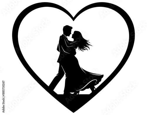 Romantic silhouette illustration of a couple dancing together inside a large heart frame, vector icon for love, wedding celebration, ballroom dance, and Valentine's Day romance.
