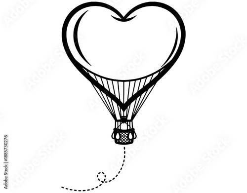 Minimalist line art illustration of a heart shaped hot air balloon with a dashed tracking line, concept for romantic journeys, love adventures, Valentine's Day, and new beginnings.