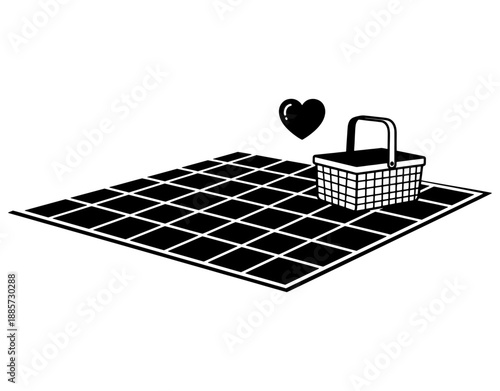 Minimalist line art illustration of a romantic picnic setting with a checkered mat, a picnic basket, and a heart symbol, concept for outdoor dating, love, and Valentine's Day.