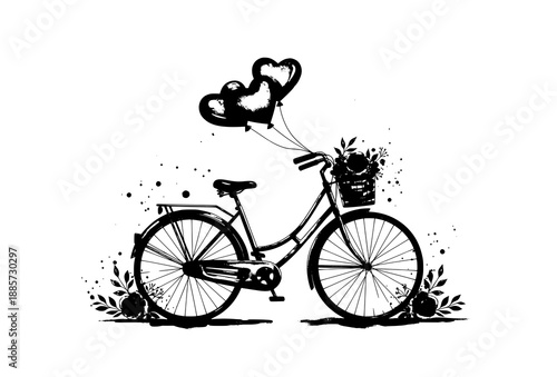 Romantic Bicycle with Heart Balloons Watercolor Style Vector Illustration on White Background
