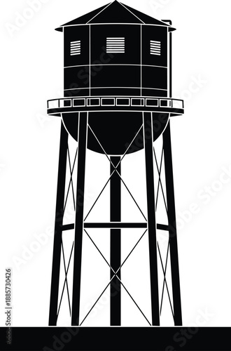 Black and white water tower vector illustration showcasing industrial storage structure, minimalist silhouette design, urban infrastructure landmark icon, architecture, utility, engineering, isolated