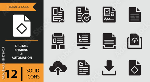 Comprehensive digital file management, sharing, and automation solid icons