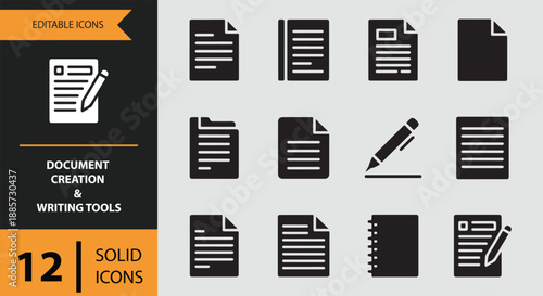 A comprehensive set of solid icons for document creation, editing, writing, and office tools