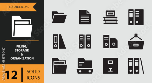 A comprehensive set of 12 solid editable icons for filing, storage, and organization needs