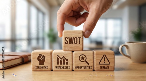 Wooden blocks with SWOT analysis concept placed on desk in modern office,showing strengths,weaknesses,opportunities and threats,strategic planning and business decision making metaphor