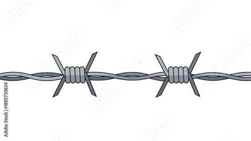 Barbed Wire Fence Section Close-up Photography with Sharp Spikes and Twisted Metal Strands, Isolated on White Background for Security and Boundary Concepts