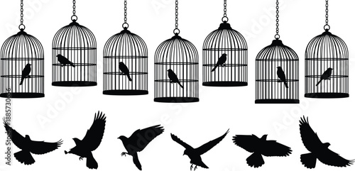 Birdcages and flying birds silhouette vector set featuring hanging wire cages with perched songbirds and freedom concepts for nature and pet design.