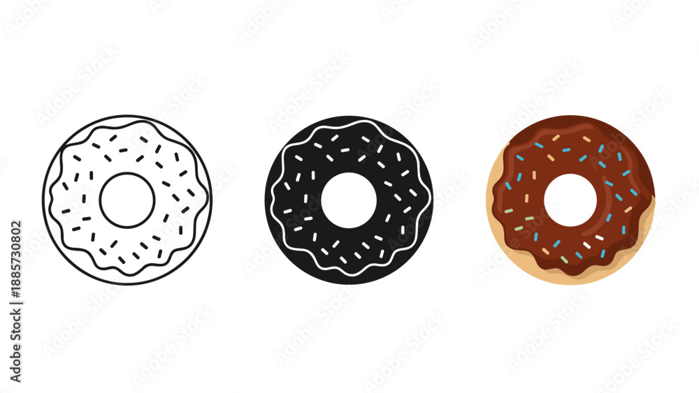 Obraz premium Three donuts with different toppings and glazes on white background