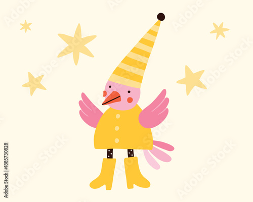 Cute baby bird in a party hat cartoon illustration. Pink pastel smiling birdie in a party hat. Little stars background. Pink bird clipart for kids.