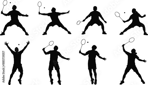 Set of professional badminton player silhouettes performing various athletic poses including jumping smashing and serving isolated on white background for sports design