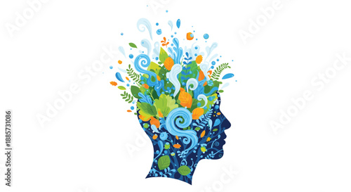 Stylized human head silhouette intricately filled with vibrant organic elements, representing a harmonious connection between nature, mental well-being, creativity, and inner peace.