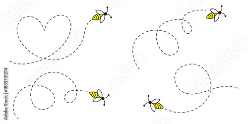 Bee flying icon set. Bee flying on a dotted path isolated on the white background. Bee flying in different style vector illustration.