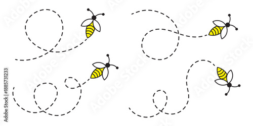 Bee flying icon set. Bee flying on a dotted path isolated on the white background. Bee flying in different style vector illustration.