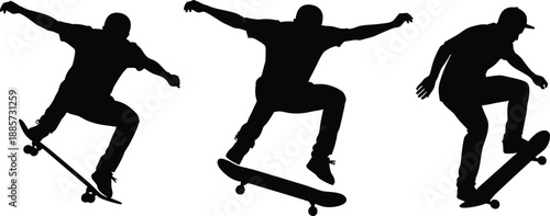 Set of professional skateboarder silhouettes performing high jump tricks and flips on skateboards during extreme sports competition isolated on white background