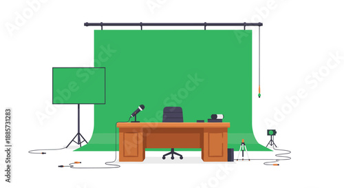 Professional news studio or broadcasting set-up with a green screen backdrop, anchor desk, microphone, and camera, ideal for virtual production and television shows.