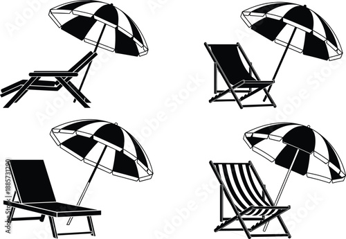 Black and white beach chair vector icons, sun umbrella silhouettes for summer vacation travel design, outdoor resort furniture elements, and holiday relaxation illustrations.