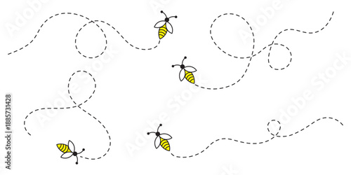 Bee flying icon set. Bee flying on a dotted path isolated on the white background. Bee flying in different style vector illustration.