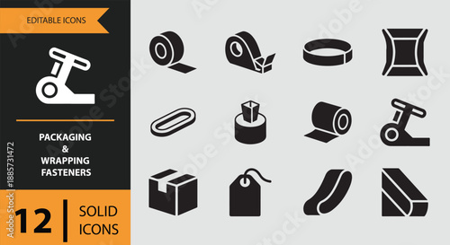 A diverse collection of 12 solid icons illustrating essential packaging and wrapping fasteners