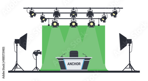 Modern news studio or virtual set featuring a prominent green screen, a dedicated "ANCHOR" desk, professional cameras, and elaborate lighting, designed for high-quality broadcasts.