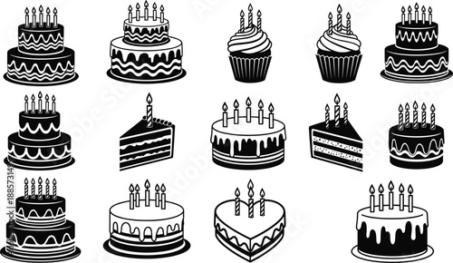 Birthday cake and cupcake silhouette vector illustration set featuring tiered cakes with lit candles for anniversary, party celebration, and sweet dessert design.