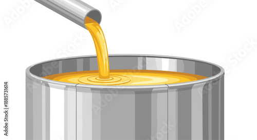 Golden liquid, possibly oil or syrup, smoothly pouring into a large, reflective metal vat, illustrating a stage in industrial production or a manufacturing process.
