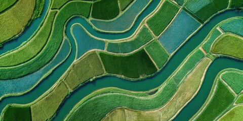 Handdoek met foto Rijstvelden Aerial View of Lush Green Rice Terraces and Winding Rivers in a Vibrant Agricultural Landscape.  © ahmad