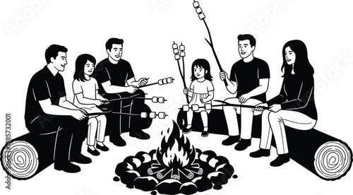 Black and white campfire vector illustration, family and friends roasting marshmallows on sticks over a bonfire, outdoor camping activity, and summer vacation.
