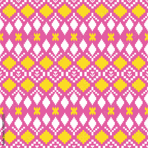 Seamless Christmas pixel pattern vector in retro 8-bit style, featuring festive holiday motifs. Perfect for Christmas wrapping paper, sweaters, greeting cards, backgrounds, and textile design.	