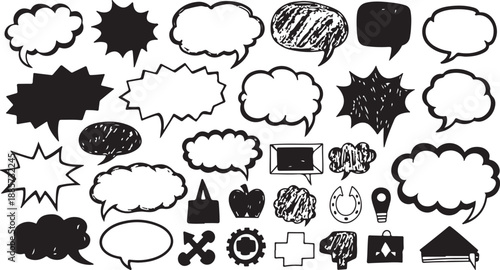 A large collection of hand-drawn comic speech bubbles and thought bubbles for communication design