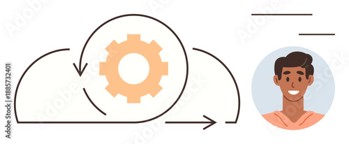 Cloud technology, automation, teamwork, digital communication, remote work, innovation. Gear within a cloud and man avatar. Cloud technology and automation concept