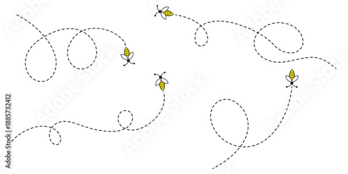 Hand Drawn Cartoon Bee Flying on a Dotted Route. Vector illustration isolated on background.