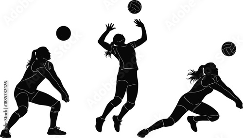 Volleyball player silhouettes set, female athletes practicing serve, jumping for spike, and diving for ball on white background for sports design.