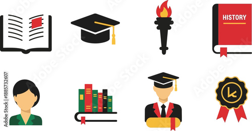 Black history month icon set related to education learning and academic achievements