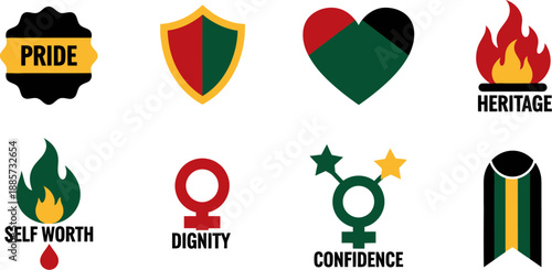 Set of black history month pride symbols including dignity, confidence, self worth, and heritage in red, green, and yellow