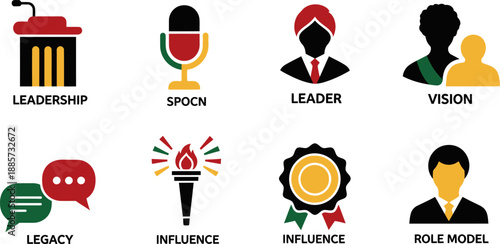 Set of black history month leadership symbols including vision, influence, legacy, and role model in red, green, and yellow