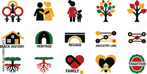 Black history month icons for family heritage and tradition symbols