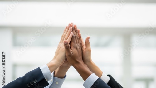 Hands reaching up in high five gesture celebrating success and teamwork