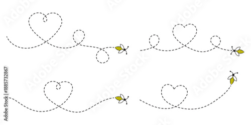 Hand Drawn Cartoon Bee Flying on a Dotted Route. Vector illustration isolated on background.