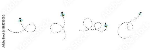 Flying bee dotted route. Bumblebee with spotted line path. Vector illustration isolated on white. Bee flying on a dotted route. Happy bee on dotted route to honey or hive, bee on dot line .
