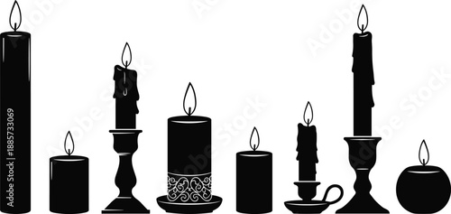 Black candle silhouette vector illustration set featuring various lit candles in holders and jars for spa, relaxation, religious, and memorial design projects.