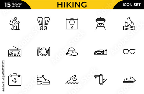 Hiking and Outdoor Survival Icon Set – Adventure and Wilderness Line Icons Including Tent, Backpack, Hiking Boots, Survival Map, Campfire, Mountain and Exploration Symbols, Modern Vector Illustration