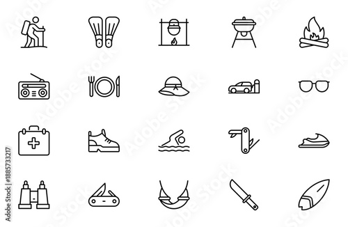 Hiking and Outdoor Survival Icon Set – Adventure and Wilderness Line Icons Including Tent, Backpack, Hiking Boots, Survival Map, Campfire, Mountain and Exploration Symbols, Modern Vector Illustration